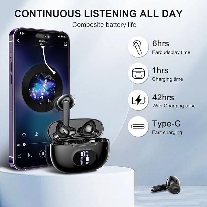 Wireless Earbuds - Bluetooth 5.3 Headphones with ENC Noise Cancelling Mic, 38H Playtime, HiFi Stereo Deep Bass, IP7 Waterproof, USB-C Fast Charging